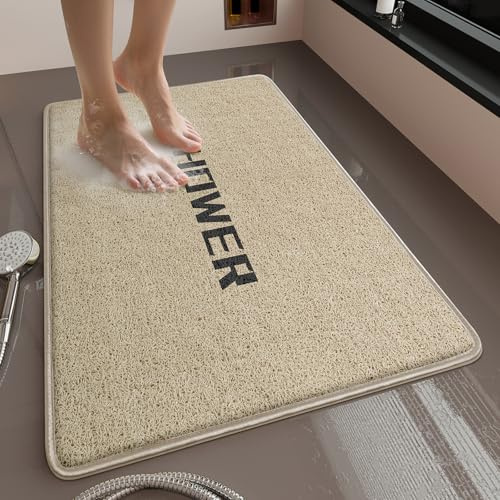 Muecleao Duschmatte rutschfest mit verstärkten Kanten & Aufhängebändern–Schnelltrocknende, schimmelresistente Badezimmer Matte aus weichem PVC(Beige Shower,80x50cm(Rechteckig))