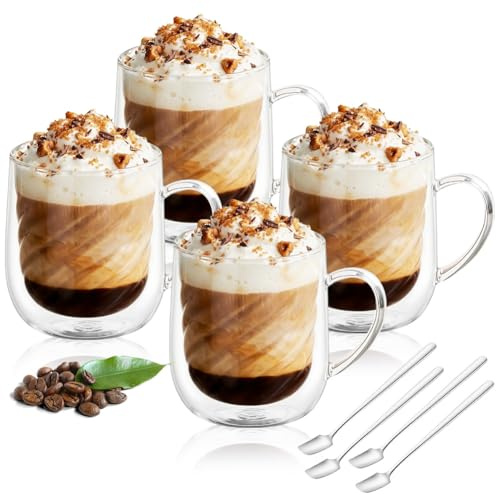 AOOTE Double Walled Glass Mugs, 4PCS Double Walled Coffee Glasses, 350ML Borosilicate Heat Resistant Glass Cups with Handles and Spoons, Cappuccino Latte Glasses Cups for Coffee Milk Juice Ice Cream