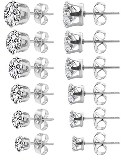 HOVEOX 6 Pairs Alloy Womens Stud Earrings Round Clear Cubic Zirconia Inlaid Simulated Diamond Rhinestone Hypoallergenic Pierced Jewelry CZ Studs 0.1 inch-0.3 inch for Unisex Teens and Women, Silver