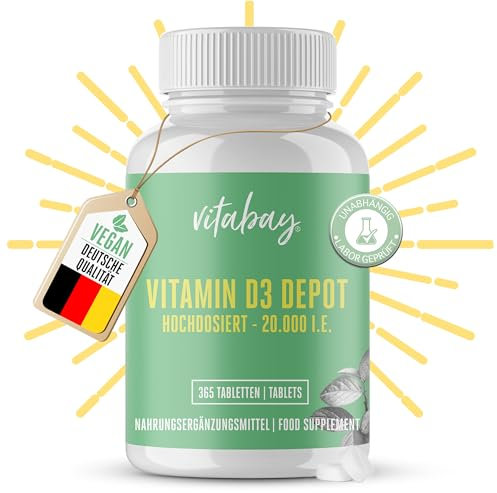 Vitabay Vitamin D3 Depot 20.000 I.E. - 365 Vegane Tabletten Hochdosiert & Vegan - ohne unerwünschte Zusätze - Trägt zur Unterstützung des Immunsystems und zur Erhaltung normaler Knochen bei