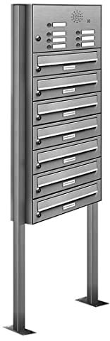 AL Briefkastensysteme 7er V2A Edelstahl Stand Briefkasten mit Klingel rostfrei als 7 Fach Briefkastenanlage DIN A4 in Postkasten Design modern