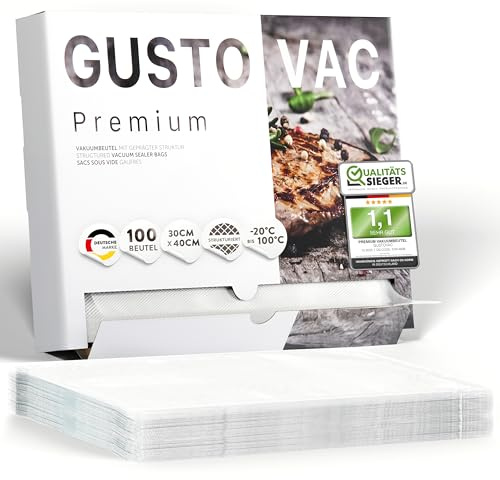 GustoVac Premium Vakuumbeutel, 100 Stk. 30x40cm Profi- Folienbeutel, Vakuumierbeutel für Vakuumierer, Kochfest & Sous Vide Gefrierbeutel, Lebensmittel Vakuumiergerät, Made in Netherlands, BPA-frei