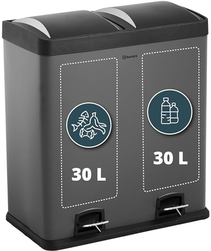Homra Mülleimer Küche 60l Neviq | Mülltrennsystem 2 Fächer | Edelstahl Mülltonne 2x30l | Abfalleimer Treteimer 2 Inneneimern | Tretmülleimer Recyclingeimer | Abfall&Recycling Trash Can Grau