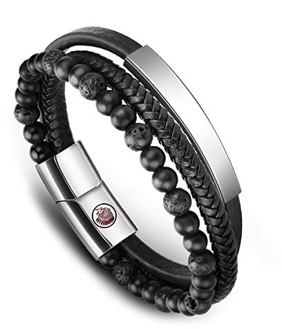 Casisto.J Lederarmband Herren Armband Männer Leder Edelstahl mit Gravur Schwarz Braun Geflochten Ärmbander mit Magnet Verschluss