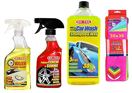 Ma-Fra Kit Trattamento Auto Interno ED Esterno. Killer RIMUOVE Insetti- pulitore CERCHI & GOMME- CAR WASH SHAMPOO E CERA, INSIEME 7 PANNI MICROFIBRA MULTIUSO 30x35 cm