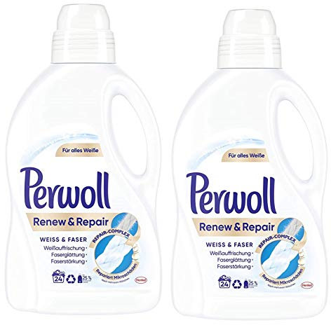 Perwoll Renew und Repair Weiß und Faser Feinwaschmittel, 48 (2 x 24) Waschladungen, für weiße Wäsche