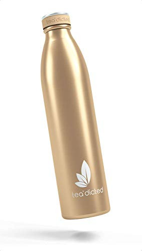 tea'dicted Premium Thermosflasche 1L | Auslaufsichere Edelstahl Thermoskanne | BPA-frei | Designer-Isolierkanne | 12h heiß & 18h kalt | ideal für Sport, Schule, Kinder, Outdoor UVM. (Noble Gold)