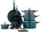 DMS® 15-teilig Induktion Kochgeschirr Kochset Töpfe Pfannen Set Bratpfanne Kasserolle Suppentopf mit Glasdeckel 3 Küchenutensilien 2 Topfuntersetzer Aluminium Marbel Beschichtung (Blau)