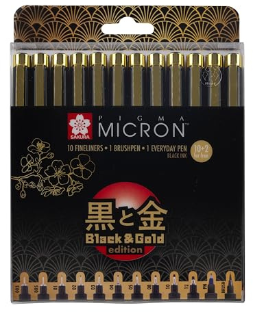 Sakura Pigma Micron Fineliner, Schwarz und Gold Edition, schwarze Tinte, 10 Stück + 2 gratis