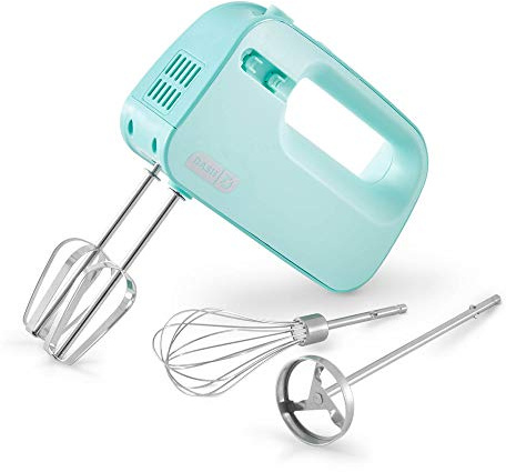 Dash SmartStore™ Deluxe Compact Electric Hand Mixer + Whisk and Milkshake Attachment for Whipping, Mixing Cookies, Brownies, Cakes, Dough, Batters, Meringues & More, 3 Speed, 150-Watt – Aqua