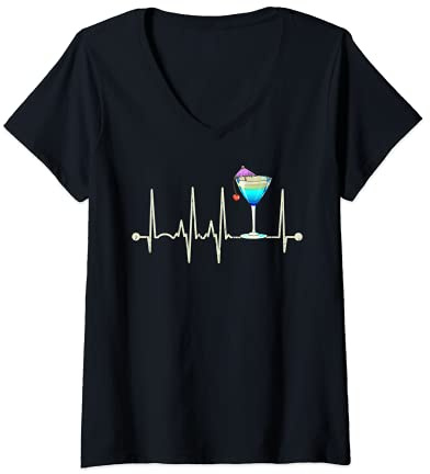 Womens Funny Cocktail Martini Glass Heartbeat Happy Cocktail Hour V-Neck T-Shirt