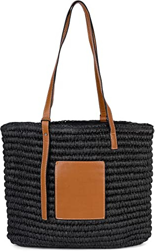 styleBREAKER Damen Schultertasche Bast Geflochten | 43x34x4 cm Maß, 65 cm lange Kunstleder-Träger, sicherer Zipper am Hauptfach, extra Innenfach für Wertsachen, Papierstroh.