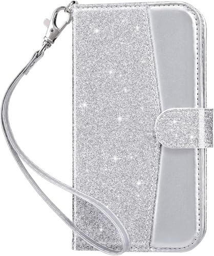 ULAK iPhone 11 Hülle Leder PU Klapphülle Cover Tasche Brieftasche Schutzhülle Standfunktion Handyhülle mit Kartenfächer Case für iPhone 11 6,1 Zoll - Silber Glitzer