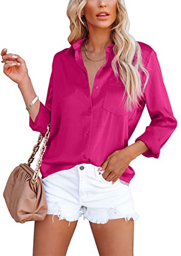 Homlan Blusa elegante de mujer con cuello en V de satén, mangas largas, estilo informal, camisa holgada de color sólido con bolsillo en el pecho