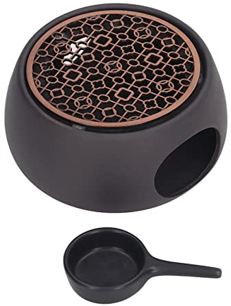 Teekannenwärmer, Teelichtwärmer aus Schwarzer Keramik, Ausgehöhltes Design mit Lila Eisenunterlage für Zuhause (C-Pad)