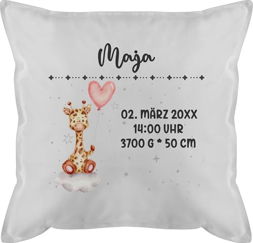 Kissen 50x50 - Geburtsgeschenk Giraffe Datum Uhrzeit Gewicht Größe I Geschenk zur Geburt personalisiert - 50 x 50 cm - Weiß - geburtskissen namenskissen Baby neugeboren Giraffen kopfkissen