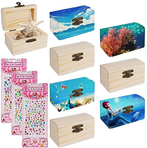 RAKUTE 8 Pcs Mini Schatztruhe Holz, kleine Schatzkiste mit Deckel, 9 * 5.5 * 5.2cm Holzschachtel zum Bemalen mit Diamantaufkleber, Schatzkiste Kindergeburtstag für Basteln Ocean Piratenparty DIY