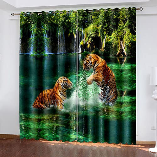 MAYNUO Blickdichte Vorhänge Mit Motiv 3D Tiger Im See Kinder Gardinen Blickdicht Ösen Gardine Thermo 264x214 cm Schlafzimmer Kinderzimmer Vorhänge Dekoratives Muster, Verdunklungsvorhänge