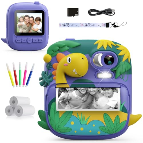 Kinderkamera Sofortbildkamera, CAMCLID 2,4 Zoll Digitalkamera Kinder Dinosaurier Sofortbildkamera mit 32G Karte und 3 Rollen Druckpapier, Geschenke für Jungen und Mädchen 3-12 Jahre