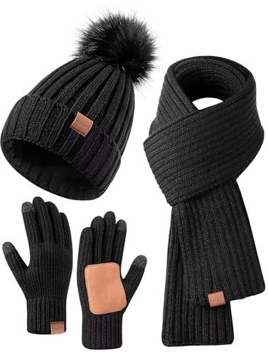 FISFET Mütze, Schal & Handschuh-Sets für Damen, Beanie Mütze Damen Winter mit Bommel Fleece Gefütterte, Touchscreen Handschuhe Schal Wärmer Cap 3 in 1 Geschenk Set(Schwarz)