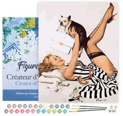 Figured'Art Peinture par Numéro Adulte avec Cadre Pin-up en robe et son chien - Activité Manuelle Kit de Loisir Créatif DIY Numéro d'Art Complet - 40x50cm toile tendue sur châssis