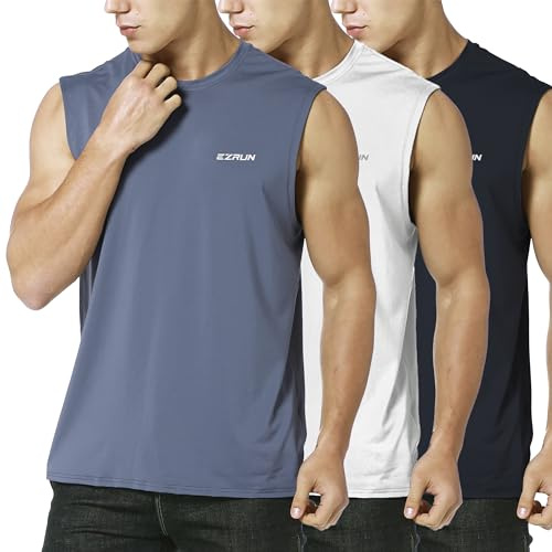 EZRUN Ärmelloses Herren-Shirt, schnelltrocknend, Workout, Schwimmshirt, Fitnessstudio, Muskeln, athletisch, Strand, Tanktop, Schwarz/Weiß/Grau, 5XL/Tall