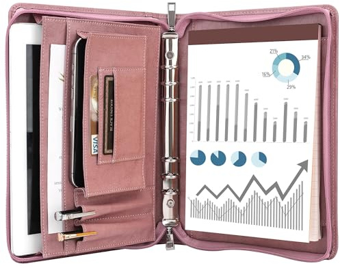 KISSKI A5 Schreibmappe Leder für Damen, 6 Ringbuch Konferenzmappe, Veganes Leder Aktenmappe mit Stift-/Kartenhalter, 10,6 x 7,6 Zoll für Klemmbrett, Tablet für iPad Mini/Air 2, Pink