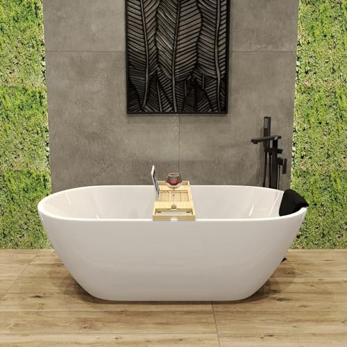 BADLAND Freistehende Badewanne Exclusive Acryl ASGER 170x75 Acryl mit Schwarz Kopfstütze & Bambus Badewannenablage & Ablauf Klick-Klack