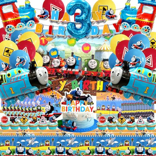 81 Piezas Thomas 3 Años - Vajilla, Globos, Decoración de Tarta y Fondo de Cumpleaños - Happy Birthday Banner