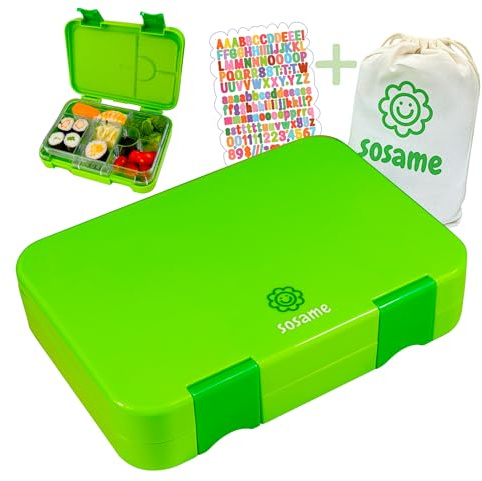 sosame® Brotdose für Kinder mit 6 Fächern – Bento Lunchbox auslaufsicher – inkl. Baumwoll-Kordeltasche & Buchstabenaufkleber – Jausenbox für Schule & Kindergarten (Grün)