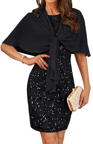 GRACE KARIN Women Sparkly Sequin Dress with Chiffon Cardigan Plus Size Oversized Party Dress Round Neck Solid Color Set Black 14
