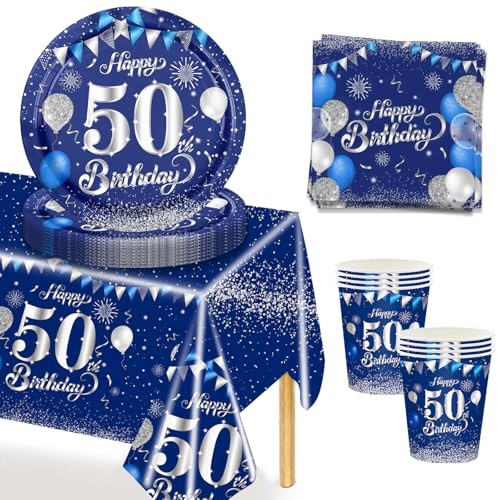 MORAINJAY 37 Stück 50 Geburtstagsdeko Partygeschirr Set,50. Blau Silver Tischdeko Geburtstag mit Tischdecken,Pappteller,Servietten für Geburtstagsdeko Mann/Frau Partys 16 Gäste 7 Zoll
