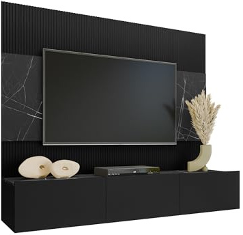 Mirjan24 Wohnwand Deromi (Schwarz + Schwarz Marmor, ohne Hängeregal) | Kompakte Hängewohnwand mit TV-Paneel, TV-Lowboard mit 3 Innenfächern, Push-to-open-System und Gasdruckfedern