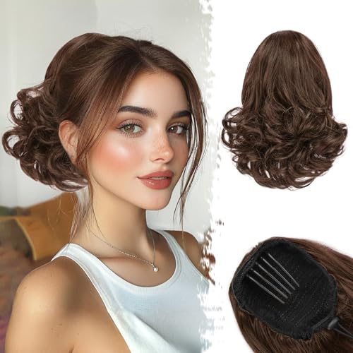 BARSDAR Queue de Cheval Extension avec Cordon, 25cm Court Ondulée Brunette Brun Queue de Cheval Extensions de Cheveux pour Femmes Synthétique Peigne Clip en Postiches Queue de Cheval - Brunette Brun