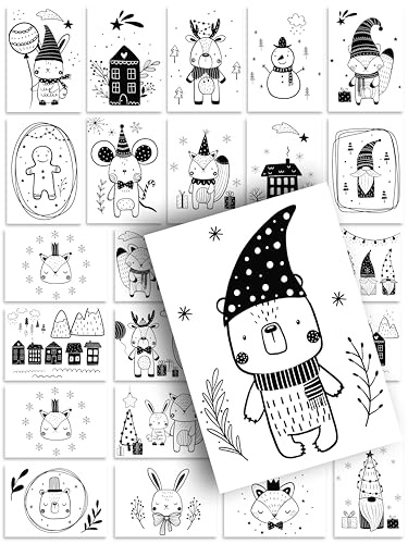 Weihnachtskarten 24 Postkarten Schwarz-Weiß Tiere Deko Design Illustration schön süß Weihnachtspostkarte Weihnachten Xmas Set Mix Geschenk Grußkarte Geschenkkarte niedlich black white Adventskalender