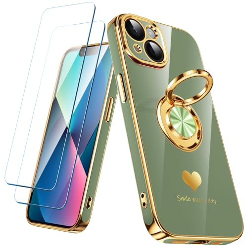Nonional Compatible for iPhone 13 Case with 2 Pack Screen Protector, 360° Rotatable Ring Holder [Luxury Hearts Pattern] Plating Gold Edge Slim Soft Phone Cover Case for iPhone 13 - Light Green
