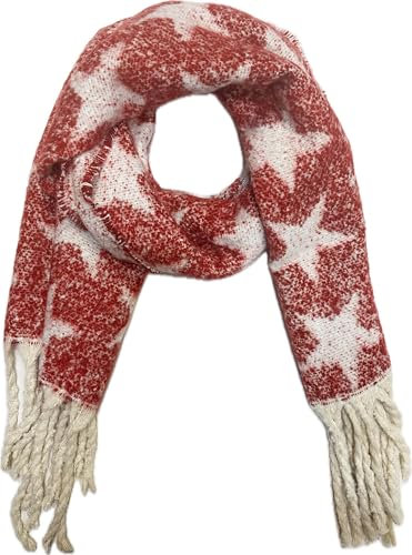 J26 XXL Stern Wendeschal Star Unisex Wolle Warmer Winter Schal Stola Tuch mit Fransen kuschelig (Rot)