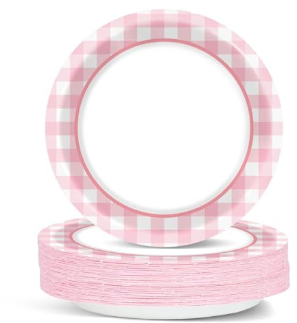 ZOIIWA 100 Pcs Picnic Party Plates Pink And White Checkered Plates Party Decorations Pink Checked Camp Dessert Plates Pink Plaid Disposable Party Supplies for Birthday Family Dinner Barbecue Outdoor