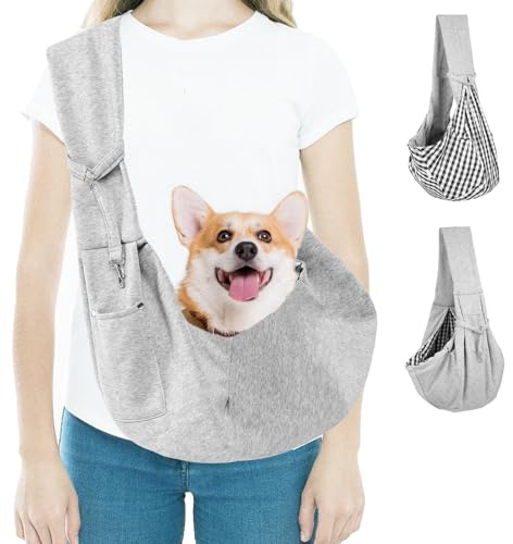 Dog Sling Carrier, Grey Dog Carriers For Medium Dogs, Small Dogs & Cats | Hands-Free Puppy Carrier with Buckle, Reversible Puppy Sling Carrier for Outdoor Walking, Travel, Shopping