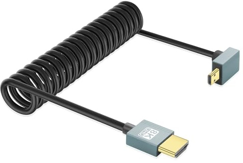 JSADZKJ 90 grados Micro HDMI a HDMI Cable en espiral HDMI Macho a Micro HDMI Macho Cable Adaptador 8K @ 60Hz 48Gbps HDMI 2.1 Cord Compatible con cámaras digitale,videocámara,tableta 3.28FT(Arriba)