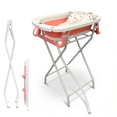 BATHBY | Bañera Plegable para Bebé con Soporte, Cojín Reductor y Termómetro | Set Completo para Recién Nacido | Compacta, Segura y Fácil de Transportar | Rosa SUP