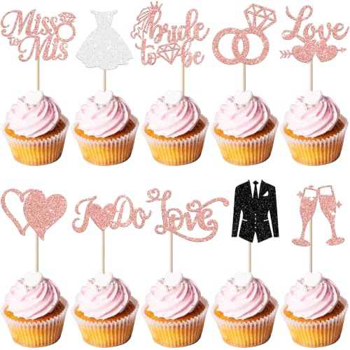 30 Stück Hochzeit Tortendeko Glitzer Bride to Be Cupcake Toppers Liebe Herz Diamant Ring Braut und Bräutigam Kuchen Deko für Verlobung Hochzeiten Thema Party Kuchen Dekorationen Rosegold