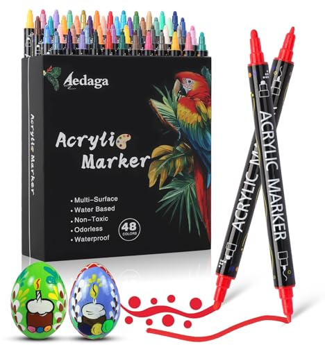 AEDAGA 48 Farben Acrylstifte Set, Acrylic Marker (Feine & Runde Spitze) | Doppelspitze | Vielseitig einsetzbar | Wasserfest | Starke Deckkraft | Acrylmarker für Leinwand, Stein, Glas, Metall, Keramik