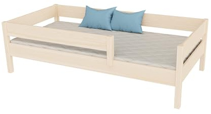 KidsComfort Kinderbett 180x90 cm Rausfallschutz Gebleichte Eiche | Massivholzrahmen I Belastbarkeit bis 150 kg I Sicherheitsgeländer beidseitig montierbar I Für Kinder ab 1,5 Jahren