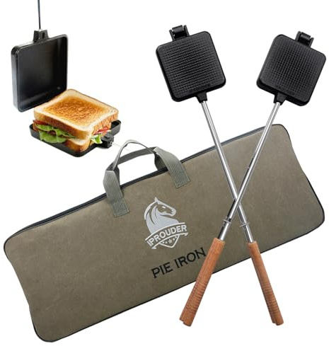 IPROUDER Campfire Pie Iron 4.9 Large Cast Iron Sandwich Maker for Camping 2 Pcs with Storage Bag - 21.7 inch Adjustable Handles - Campfire Cooking Equipment for Grilling & Outdoor Cooking