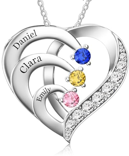 Easycosy Collier Personnalisé Prénom avec Pierres de Naissance -Cadeau Fête des Mères Maman Femme - Collier Gravé 3 Nom Collier Pendentif Cœur Bijoux Personnalisé Cadeau Anniversaire Maman Mamie