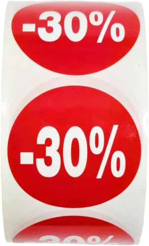 Pack de 3rollos de etiquetas promocionales para productos rebajados | 1500pegatinas autoadhesivas de descuento en color rojo brillante | Pegatinas redondas para etiquetar ofertas de Ø35mm (-30%-3)