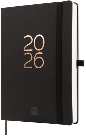 Finocam - Terminplaner 2026 1 Tag pro Seite | Januar–Dezember (12 Monate) | A5 Terminplaner mit Gummiband und Lesezeichenband | Flexibler Einband Capri - Schwarz - International
