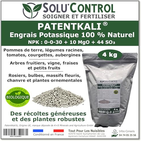4 kg de PatentKali® SOLU’CONTROL – Engrais Potassique 100% Naturel – NPK 0-0-30 + Magnésium (MgO 10%) et Soufre (SO₃ 44%) – Plantes, Potager, Fruits, Fleurs – Utilisable en Agriculture Biologique