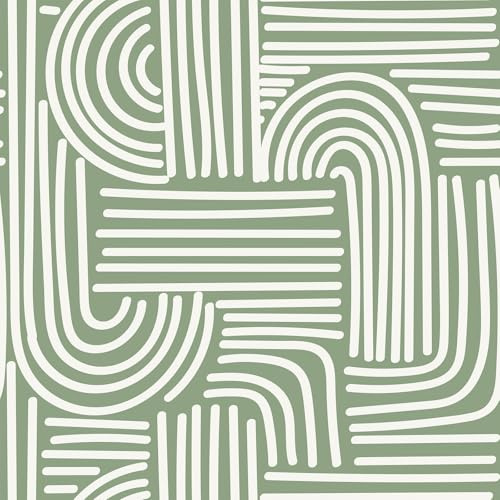 VEELIKE Papier Peint Géométrique Vert Sauge Papier Peint Graphique Arc Vert Papiers Peints Geometrique Moderne Abstrait Adhesif Mural Decoratif Chambre Salle de Bain Vinyle Adhesif 44,5 cm × 300 cm